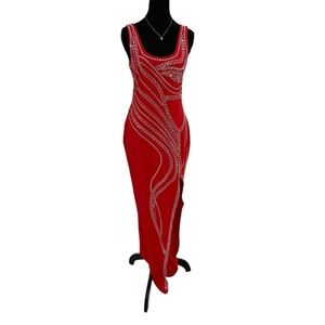 Elegant Red Rhinestone Sleeveless Full Length Dress- L
